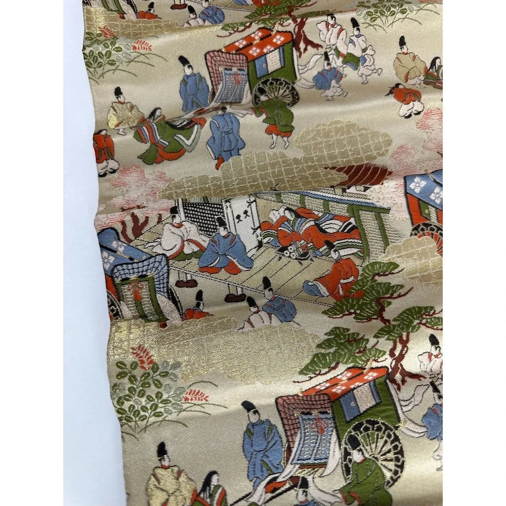 Vintage Japanese Silk Brocade‎ Table Runner Gold Metallic Court Scene B-8
